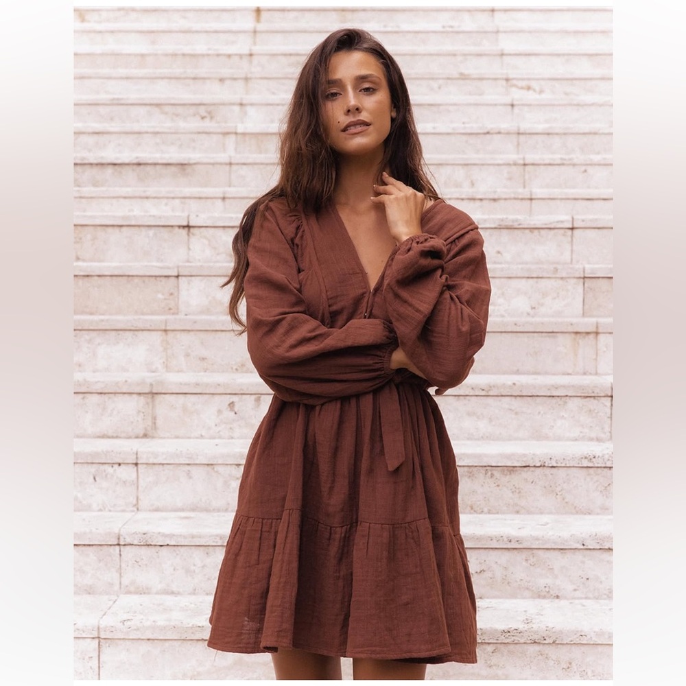 NWT chocolate brown cotton fall mini dress long sleeve